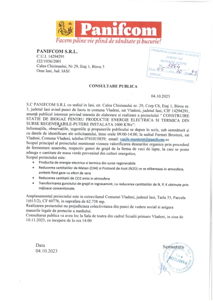 Consultare publica in legatura cu proiectul Construire statie de biogaz pentru productie energie electrica si termica din surse regenerabile