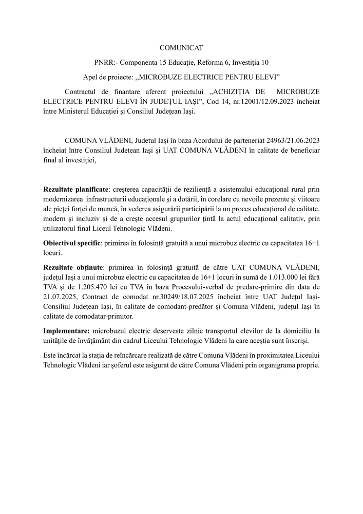 Comunicat de presă PNRR - Componenta 15 Educație, Reforma 6, Investiția 10, Apel de proiecte: „Microbuze electrice pentru elevi
